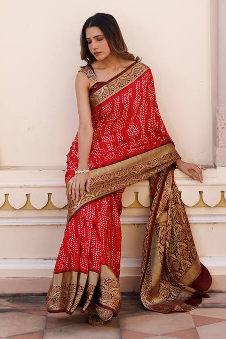 Buy Geroo Jaipur Red Silk Zari Bandhani Pattern Saree With Unstitched Blouse Piece Online at Aza Fashions Buy_Geroo Jaipur_Red Silk Zari Bandhani Pattern Saree With Unstitched Blouse Piece _Online_at_Aza_Fashions