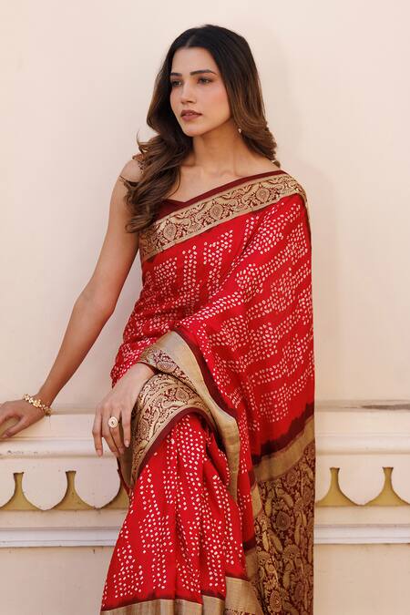 Shop Geroo Jaipur Red Silk Zari Bandhani Pattern Saree With Unstitched Blouse Piece Online at Aza Fashions Shop_Geroo Jaipur_Red Silk Zari Bandhani Pattern Saree With Unstitched Blouse Piece _Online_at_Aza_Fashions
