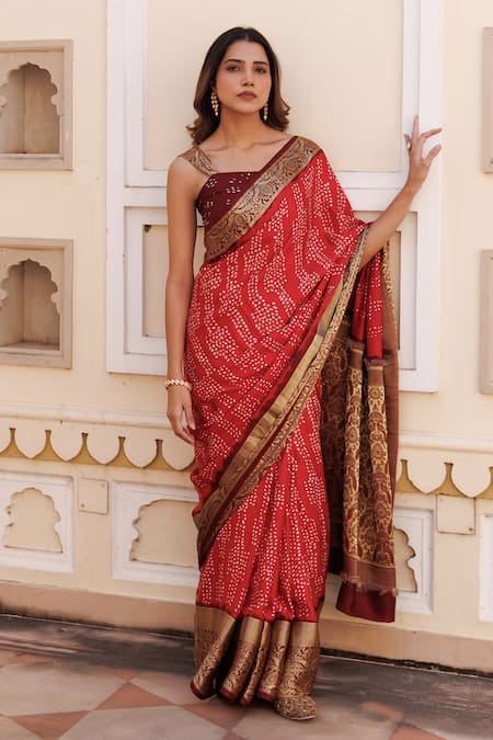 Geroo Jaipur Bandhani Pattern Saree With Unstitched Blouse Piece 