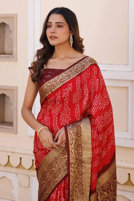 Buy Geroo Jaipur Red Silk Zari Bandhani Pattern Saree With Unstitched Blouse Piece Buy_Geroo Jaipur_Red Silk Zari Bandhani Pattern Saree With Unstitched Blouse Piece