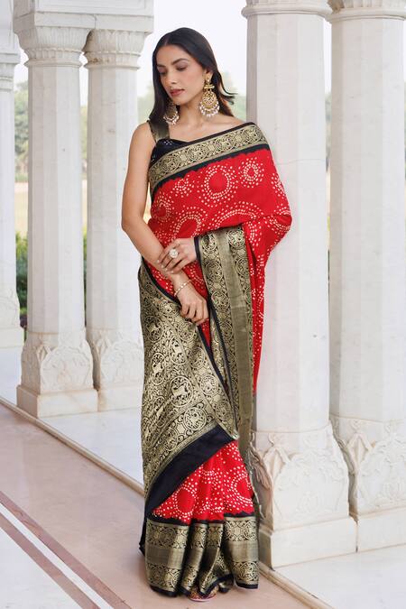 Geroo Jaipur Red Silk Zari Bandhani Pattern Saree With Unstitched Blouse Piece Online at Aza Fashions Geroo Jaipur_Red Silk Zari Bandhani Pattern Saree With Unstitched Blouse Piece _Online_at_Aza_Fashions