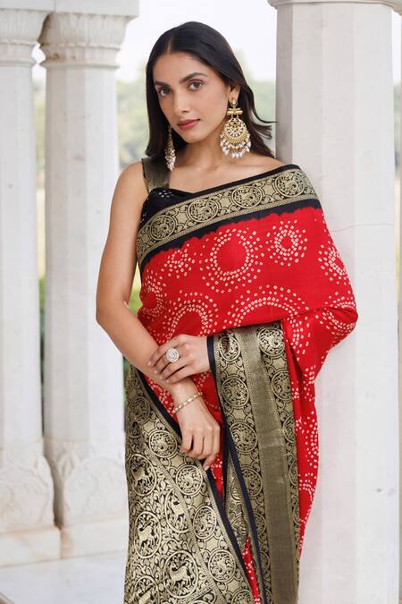 Shop Geroo Jaipur Red Silk Zari Bandhani Pattern Saree With Unstitched Blouse Piece Online at Aza Fashions Shop_Geroo Jaipur_Red Silk Zari Bandhani Pattern Saree With Unstitched Blouse Piece _Online_at_Aza_Fashions