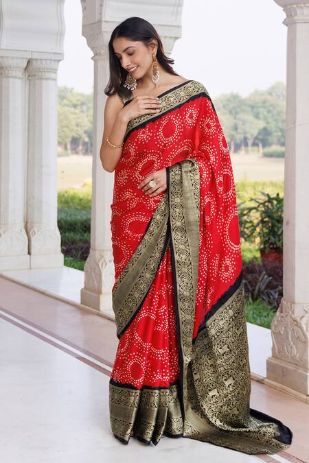 Buy Geroo Jaipur Red Silk Zari Bandhani Pattern Saree With Unstitched Blouse Piece Buy_Geroo Jaipur_Red Silk Zari Bandhani Pattern Saree With Unstitched Blouse Piece