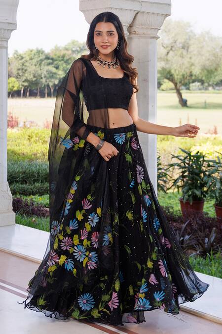 Geroo Jaipur_Black Chiffon, Jacquard, Organza Embroidery, Stones, Hand Painted Lehenga Set _at_Aza_Fashions
