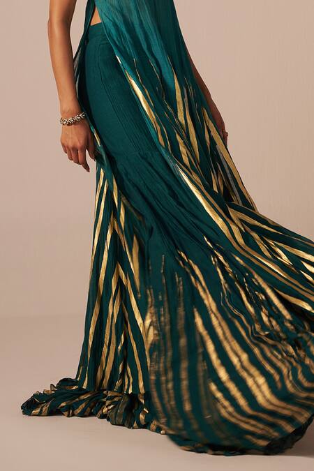 Jyoti Sachdev Iyer_Green Chanderi Beads, Crystals, Foil Printing Metallic Anarkali And Gharara Set _Online_at_Aza_Fashions