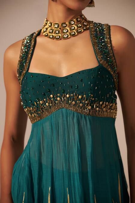 Buy_Jyoti Sachdev Iyer_Green Chanderi Beads, Crystals, Foil Printing Metallic Anarkali And Gharara Set _Online_at_Aza_Fashions