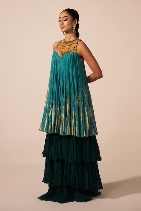 Jyoti Sachdev Iyer_Teal Chanderi Beads, Crystals, Foil Printing High Tiered Sleeveless Anarkali _Online_at_Aza_Fashions