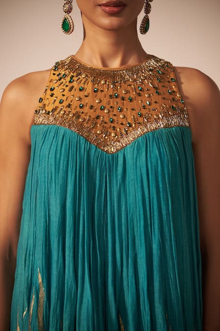 Buy_Jyoti Sachdev Iyer_Teal Chanderi Beads, Crystals, Foil Printing High Tiered Sleeveless Anarkali _Online_at_Aza_Fashions