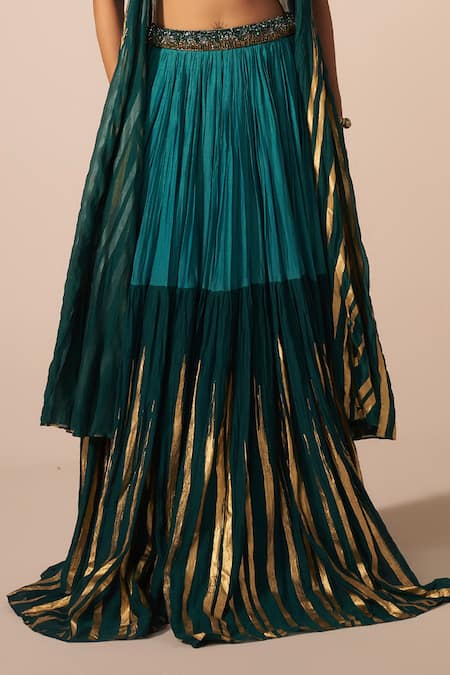 Jyoti Sachdev Iyer_Green Chanderi Beads, Crystals, Foil Printing Open Metallic Jacket Lehenga Set _Online_at_Aza_Fashions