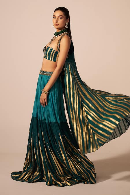 Buy_Jyoti Sachdev Iyer_Green Chanderi Beads, Crystals, Foil Printing Open Metallic Jacket Lehenga Set _Online_at_Aza_Fashions