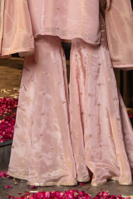 Buy_Monk & Mei By Sonia Anand_Blush Silk, Tissue Embroidery, Zari Split V-neck Kashi Kurta Sharara Set _Online_at_Aza_Fashions