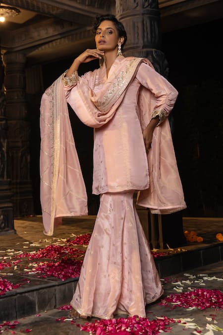 Shop_Monk & Mei By Sonia Anand_Blush Silk, Tissue Embroidery, Zari Split V-neck Kashi Kurta Sharara Set _Online_at_Aza_Fashions