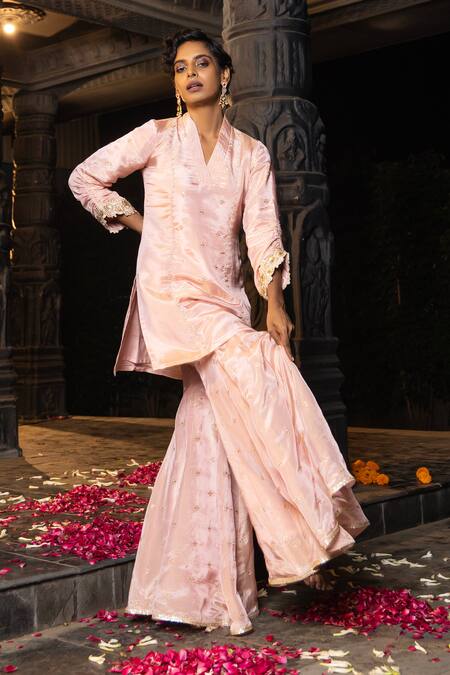 Monk & Mei By Sonia Anand_Blush Silk, Tissue Embroidery, Zari Split V-neck Kashi Kurta Sharara Set _at_Aza_Fashions