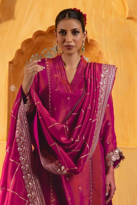 Buy_Monk & Mei By Sonia Anand_Pink Silk, Tissue Embroidery, Zari V-neck Kashi Kurta Sharara Set _Online_at_Aza_Fashions