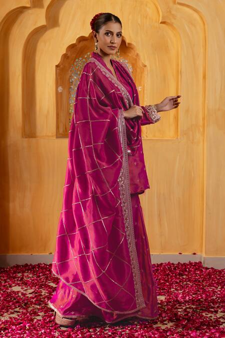 Shop_Monk & Mei By Sonia Anand_Pink Silk, Tissue Embroidery, Zari V-neck Kashi Kurta Sharara Set _Online_at_Aza_Fashions