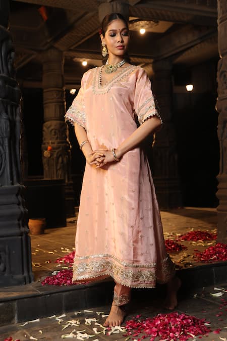 Buy_Monk & Mei By Sonia Anand_Blush Tissue, Silk, Shantoon Zari, Embellished Benarasi Kurta And Salwar Set _Online_at_Aza_Fashions