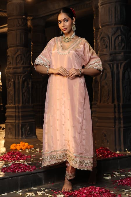 Shop_Monk & Mei By Sonia Anand_Blush Tissue, Silk, Shantoon Zari, Embellished Benarasi Kurta And Salwar Set _Online_at_Aza_Fashions