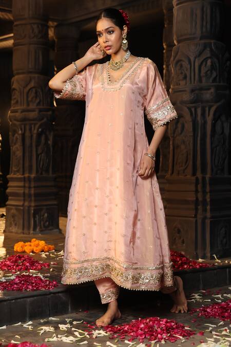 Buy_Monk & Mei By Sonia Anand_Blush Tissue, Silk, Shantoon Zari, Embellished Benarasi Kurta And Salwar Set 