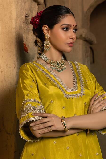 Buy_Monk & Mei By Sonia Anand_Yellow Silk, Tissue Embroidery Split V-neck Navya Embellished Kurta And Salwar Set _Online_at_Aza_Fashions
