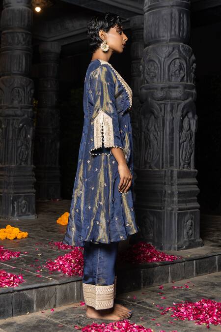 Monk & Mei By Sonia Anand_Blue Silk, Tissue Metallic Thread, Lace, Bhavya Embellished Kurta And Pant Set _Online_at_Aza_Fashions