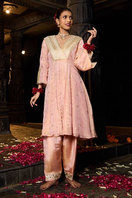 Monk & Mei By Sonia Anand_Pink Silk, Tissue Embroidery, Sequins, Gota Bhavya Embellished Kurta And Pant Set _Online_at_Aza_Fashions