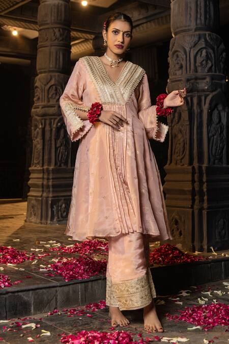 Monk & Mei By Sonia Anand_Pink Silk, Tissue Embroidery, Sequins, Gota Bhavya Embellished Kurta And Pant Set _at_Aza_Fashions