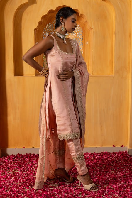 Monk & Mei By Sonia Anand_Blush Silk, Tissue Embroidery, Zari, Kaaya Embellished Straight Kurta Set _Online_at_Aza_Fashions