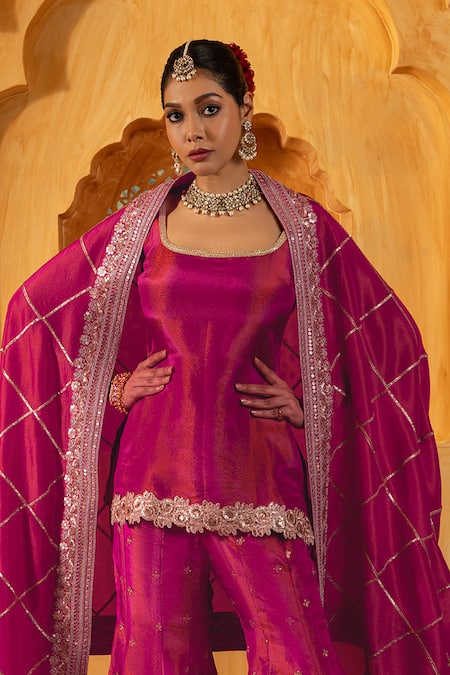 Monk & Mei By Sonia Anand_Pink Silk, Tissue Embroidery, Zari, Mihira Embellished Short Kurta Sharara Set _Online_at_Aza_Fashions