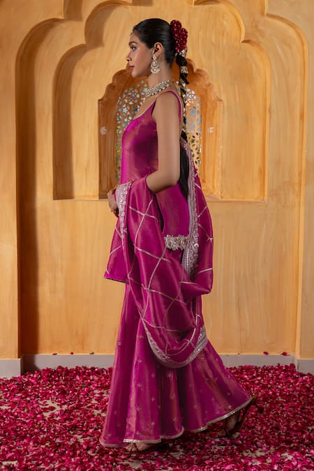 Buy_Monk & Mei By Sonia Anand_Pink Silk, Tissue Embroidery, Zari, Mihira Embellished Short Kurta Sharara Set _Online_at_Aza_Fashions