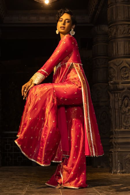 Shop_Monk & Mei By Sonia Anand_Pink Silk, Tissue Embroidery Round Neck Tulsi Embellished Kurta Sharara Set _Online_at_Aza_Fashions
