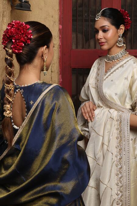 Shop_Monk & Mei By Sonia Anand_Blue Silk, Tissue Embroidery, Zari, Metallic Tulsi Embellished Kurta Sharara Set _Online_at_Aza_Fashions