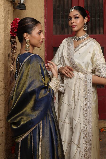 Shop_Monk & Mei By Sonia Anand_Blue Silk, Tissue Embroidery, Zari, Metallic Tulsi Embellished Kurta Sharara Set 