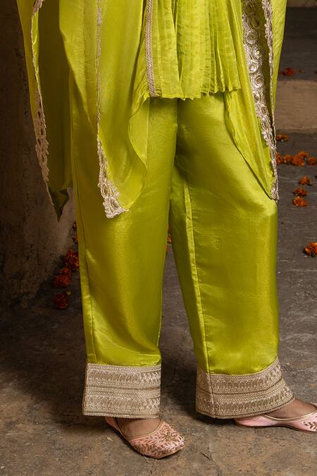 Monk & Mei By Sonia Anand_Green Silk, Tissue Lace, Sequins, Lasya Embellished Pleated Kaftan And Pant Set _Online_at_Aza_Fashions