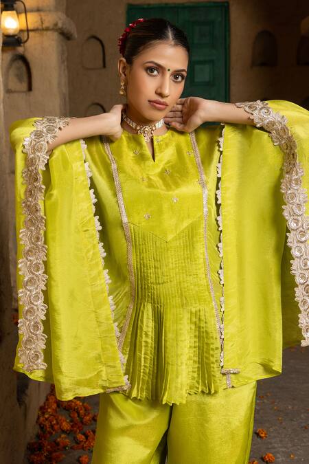 Buy_Monk & Mei By Sonia Anand_Green Silk, Tissue Lace, Sequins, Lasya Embellished Pleated Kaftan And Pant Set _Online_at_Aza_Fashions