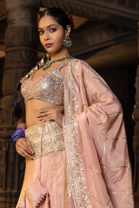 Monk & Mei By Sonia Anand_Pink Tissue, Silk Sequins, Embroidery V-neck Janaki Blouse Lehenga Set _Online_at_Aza_Fashions