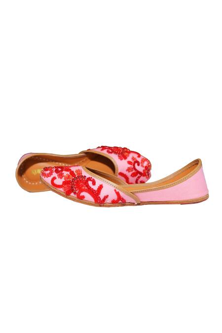 Kurrbat_Pink Camellia Embroidered Juttis _Online_at_Aza_Fashions