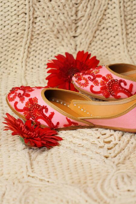 Shop_Kurrbat_Pink Camellia Embroidered Juttis _Online_at_Aza_Fashions