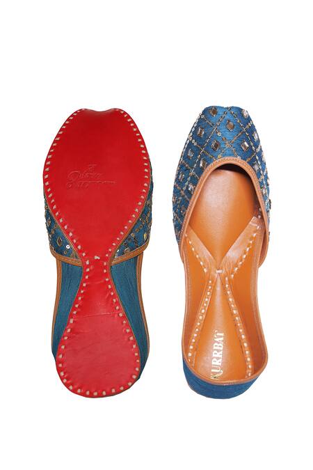 Buy_Kurrbat_Blue Neelam Hand Embroidered Mirror Work Juttis _Online_at_Aza_Fashions