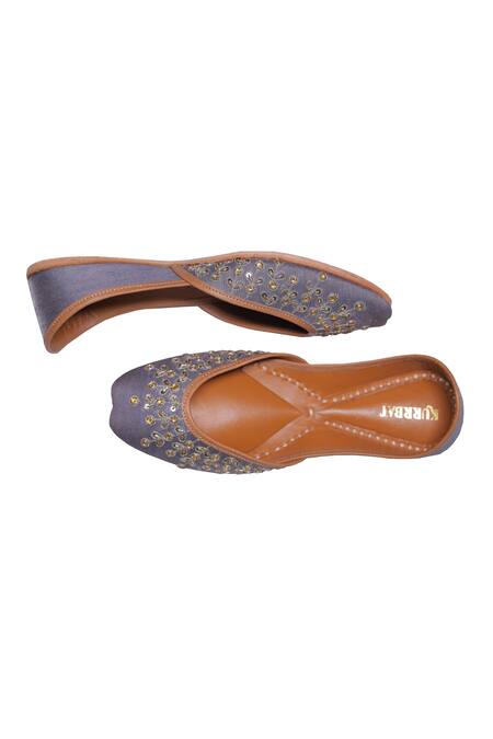 Kurrbat_Grey Firdaus Embroidered Raw Silk Juttis _Online_at_Aza_Fashions