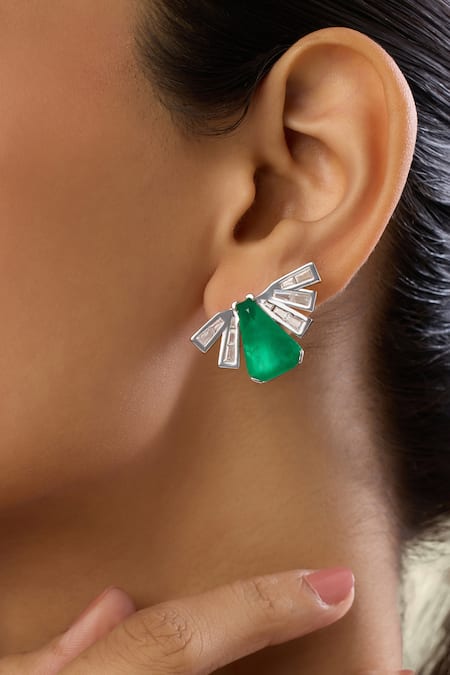 Shop_Isharya_Green Crystals, Gemstones Gatsby Emerald Studs _Online_at_Aza_Fashions