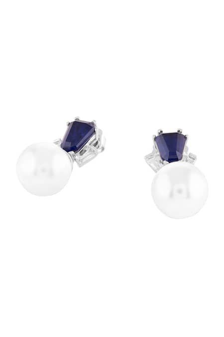 Isharya_Blue Crystals, Pearls, Stones Perla Sapphire Studs _Online_at_Aza_Fashions