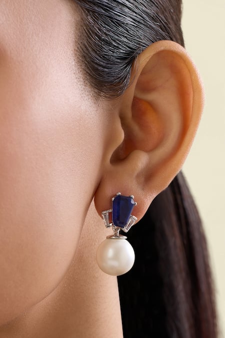 Shop_Isharya_Blue Crystals, Pearls, Stones Perla Sapphire Studs _Online_at_Aza_Fashions