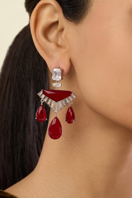 Shop_Isharya_Red Crystals, Stones Angulaire Ruby Danglers _Online_at_Aza_Fashions