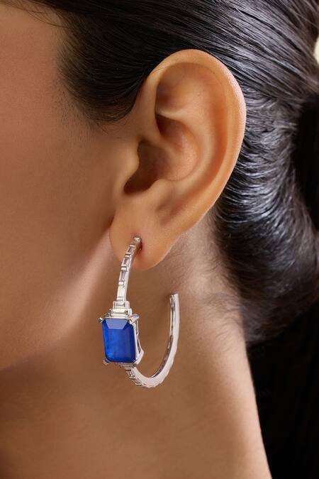 Shop_Isharya_Silver Plated Crystals, Stones Aureline Sapphire Hoops _Online_at_Aza_Fashions