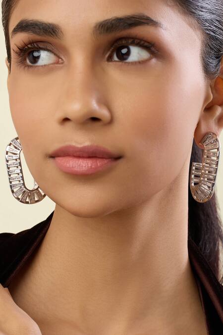 Shop_Isharya_Silver Plated Crystals, Faux Diamonds Rhombo Diamante Hoops _Online_at_Aza_Fashions