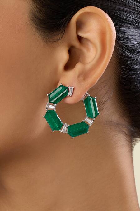 Shop_Isharya_Green Crystals, Stones Forme Embellished Earrings _Online_at_Aza_Fashions