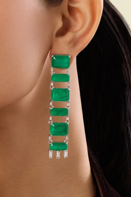 Shop_Isharya_Green Crystals, Gemstones Lustra Emerald Hoops _Online_at_Aza_Fashions