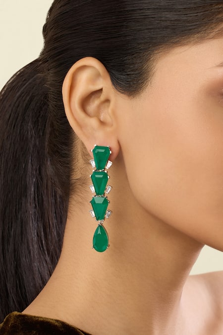 Shop_Isharya_Green Gemstones, Crystals Metropole Emerald Danglers _Online_at_Aza_Fashions