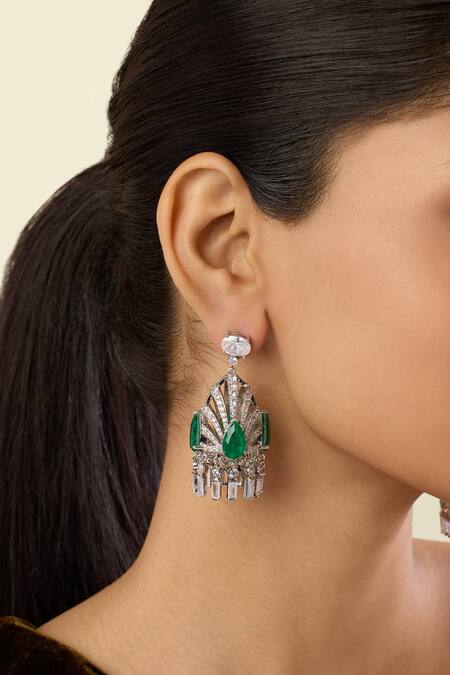 Shop_Isharya_White Crystals, Stones Atelier Studded Danglers _Online_at_Aza_Fashions
