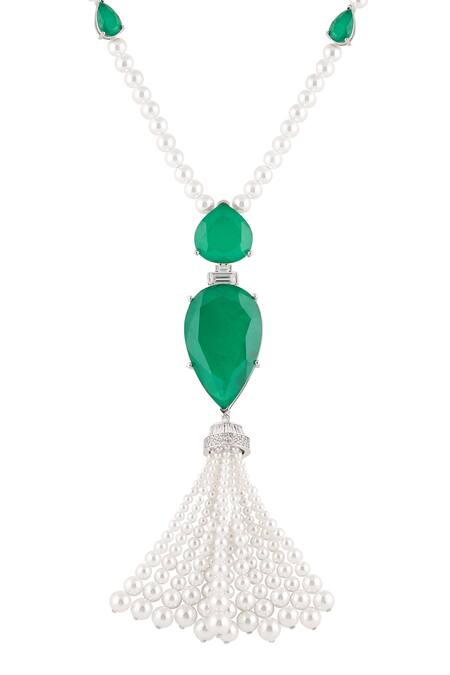 Isharya_Green Esme Emerald Tassel Pendant Necklace _Online_at_Aza_Fashions